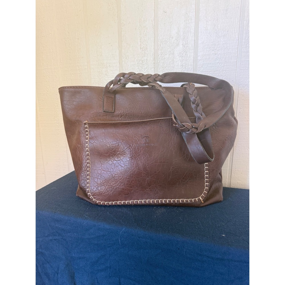 WEIMEIBAIGE Brown Faux Leather Tote Bag Braided Straps Whipstitch Pocket